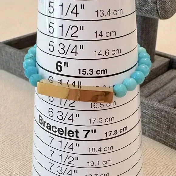 Natural Turquoise Beaded 18k PVD Stainless Steel Bar Stretch Bracelet Waterproof - Picture 5 of 6
